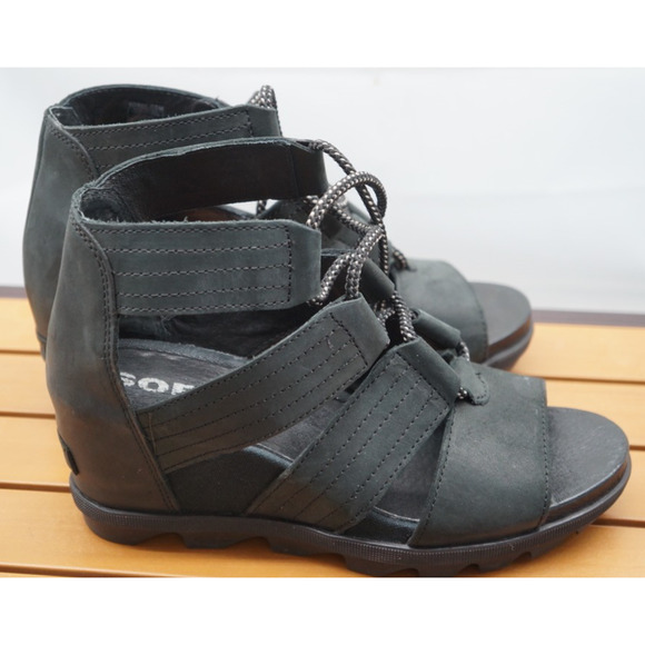 SOREL Women's Joanie Sandal Size 9 Black Leather Strappy Lace Up Wedge Heel Shoe - Picture 3 of 10